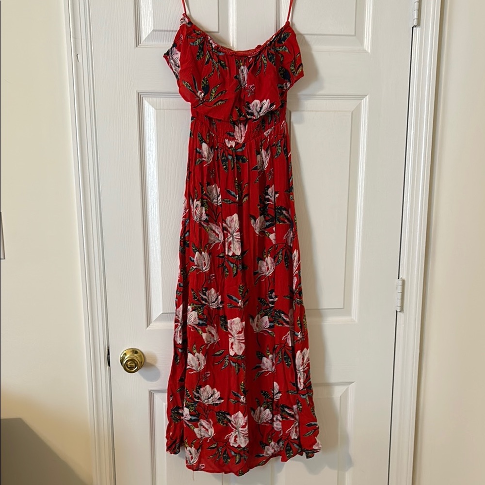 Strapless Floral Red Maxi Dress